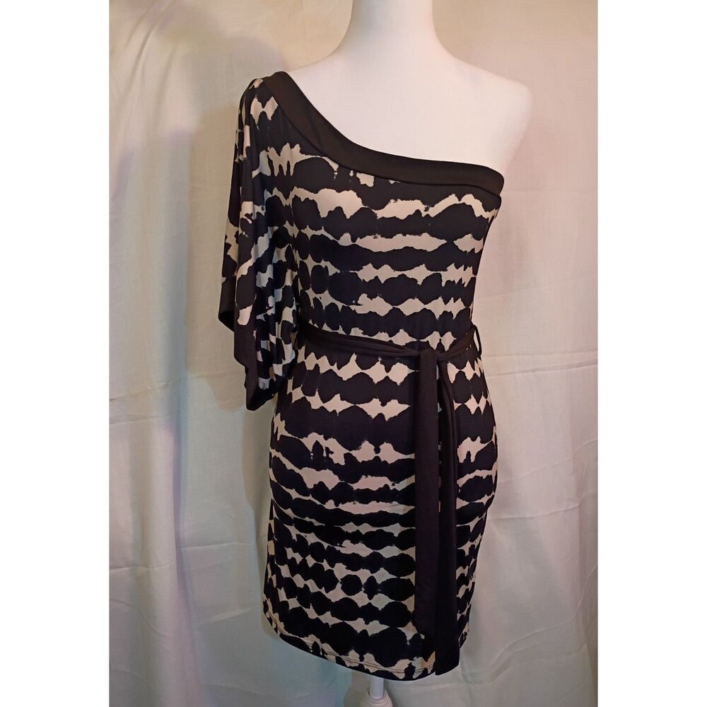 Vintage Wet Seal One Shoulder Mini Dress Size M Black Beige Abstract Print Y2K